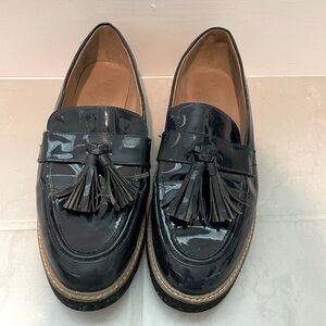 Women’s navy patent leather loafers